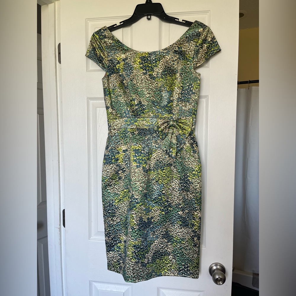 Badgley Mischka Mosaic Green and Blue Midi Dress with Metallic Shimmer